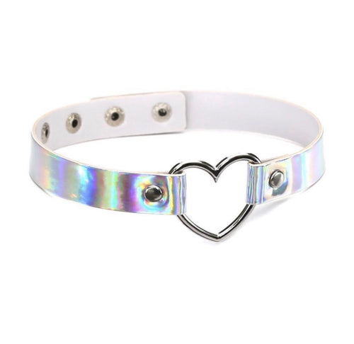 ELLE SILVER HOLOGRAPHIC HEART Fashion Choker Necklace, PU Leather, fashion jewelry, 18mm, Length:17.3 Inch