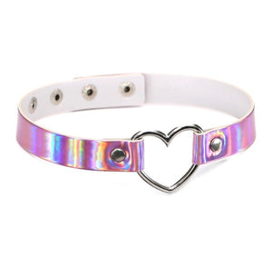 ELLE PINK HOLOGRAPHIC HEART Fashion Choker Necklace, PU Leather, fashion jewelry, 18mm, Length:17.3 Inch
