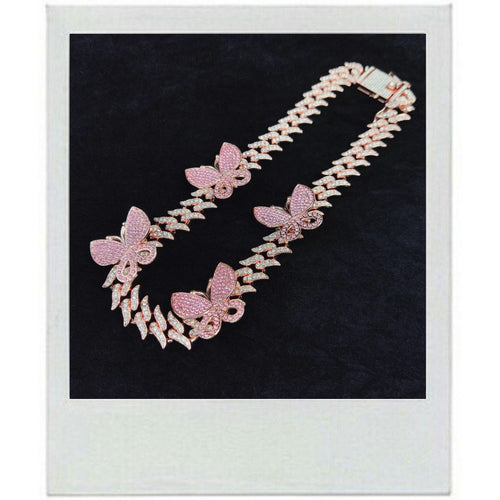 Pink rhinestone Cuban link chain necklace